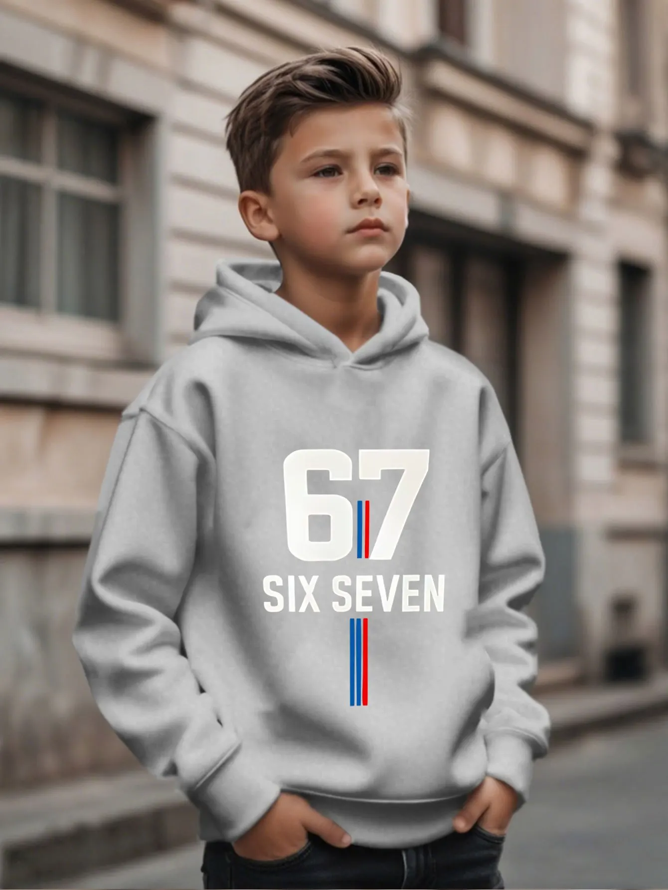 Autumn/Winter Christmas children's hoodies featuring the number 67 and the word SIX SEVEN are stylishly designed.