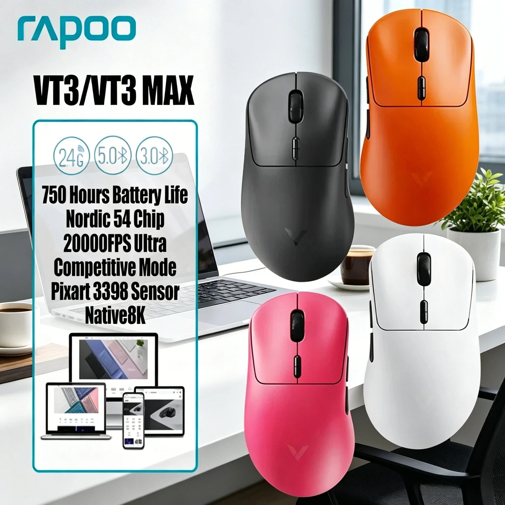

Rapoo VT3 VT3 MAX Lightweight Wireless Gaming Mouse True 8K Polling Rate 750Hr Battery Life Macro Enabled Ultra Fast