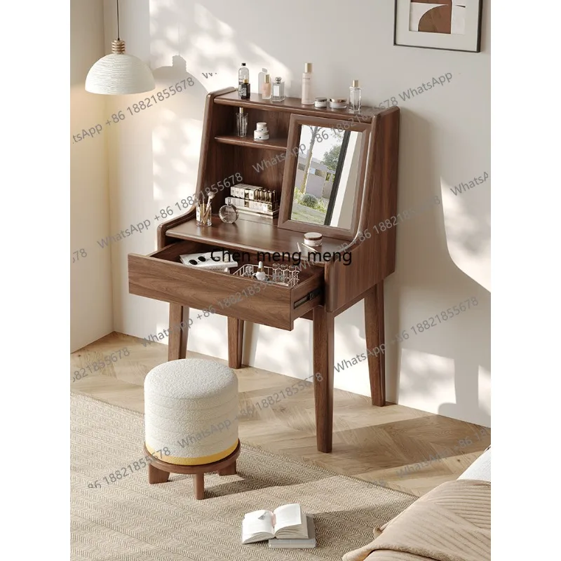 Solid wood dresser modern and simple, black walnut small apartment locker storage round mirror makeup table makeup stool