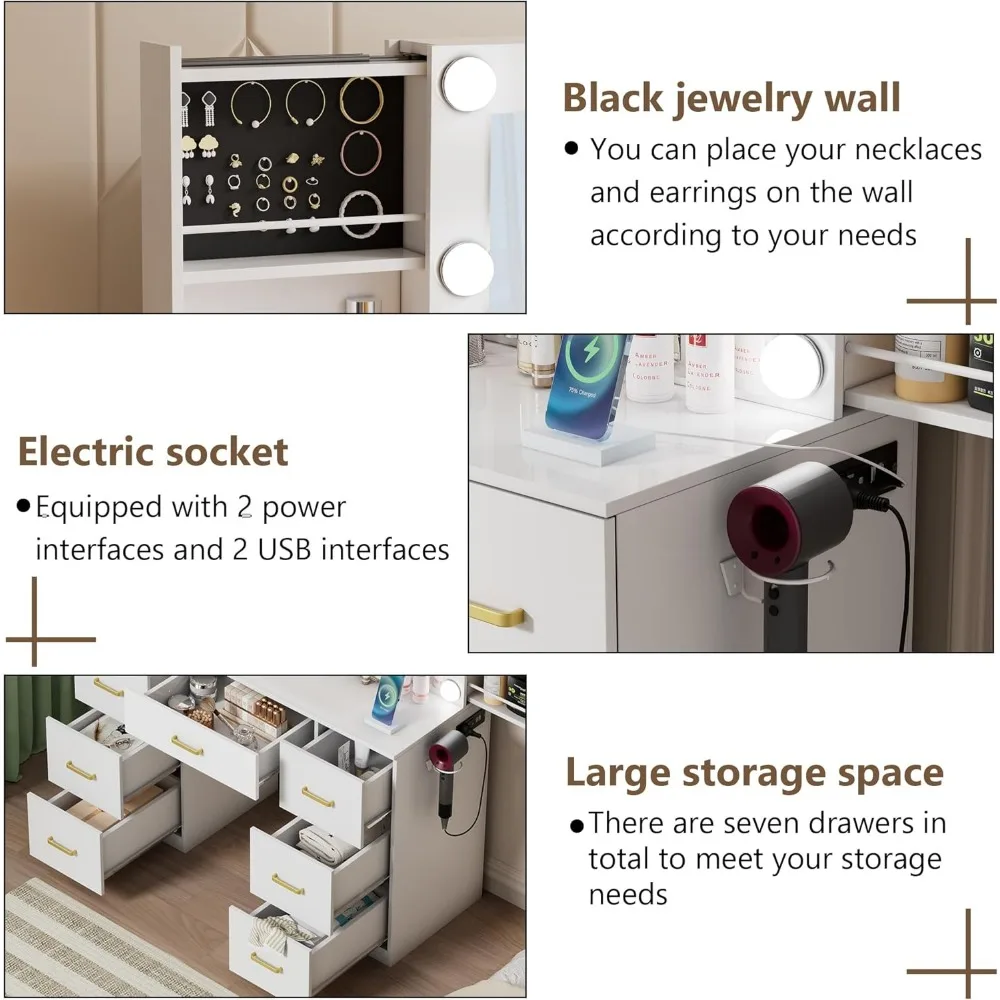 Lighted Mirror Vanity Desk with Adjustable Brightness, 3 Color Modes, Drawer and Power Outlet