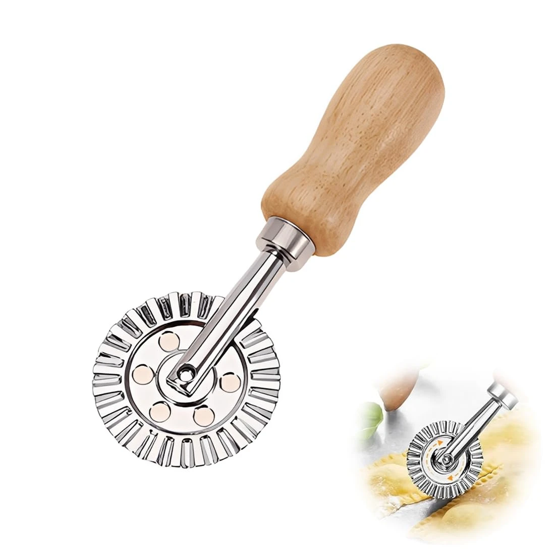 Dough Cutter Roller, Stainless Steel Dough Wheels with Wooden Handle, Wavy Cutting Wheel for Pasta, Pastry and Ravioli