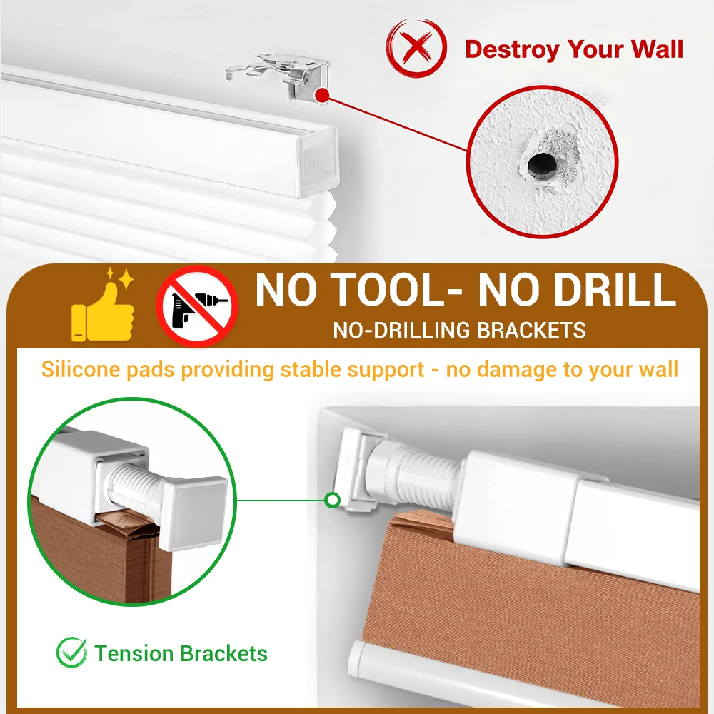 No Drill Blackout Cellular Shades Easy to Install for Indoor Windows Cordless Honeycomb Blinds Thermal Insulated Noise Reduction