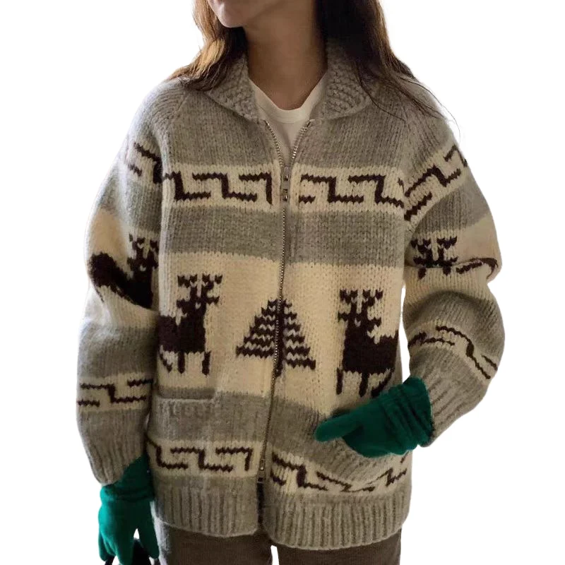 Korean Chic Christmas Knitted Cardigan Women Double Zipper Jacquard Pattern Lapel Sweater Autumn Winter Fashion Outerwear