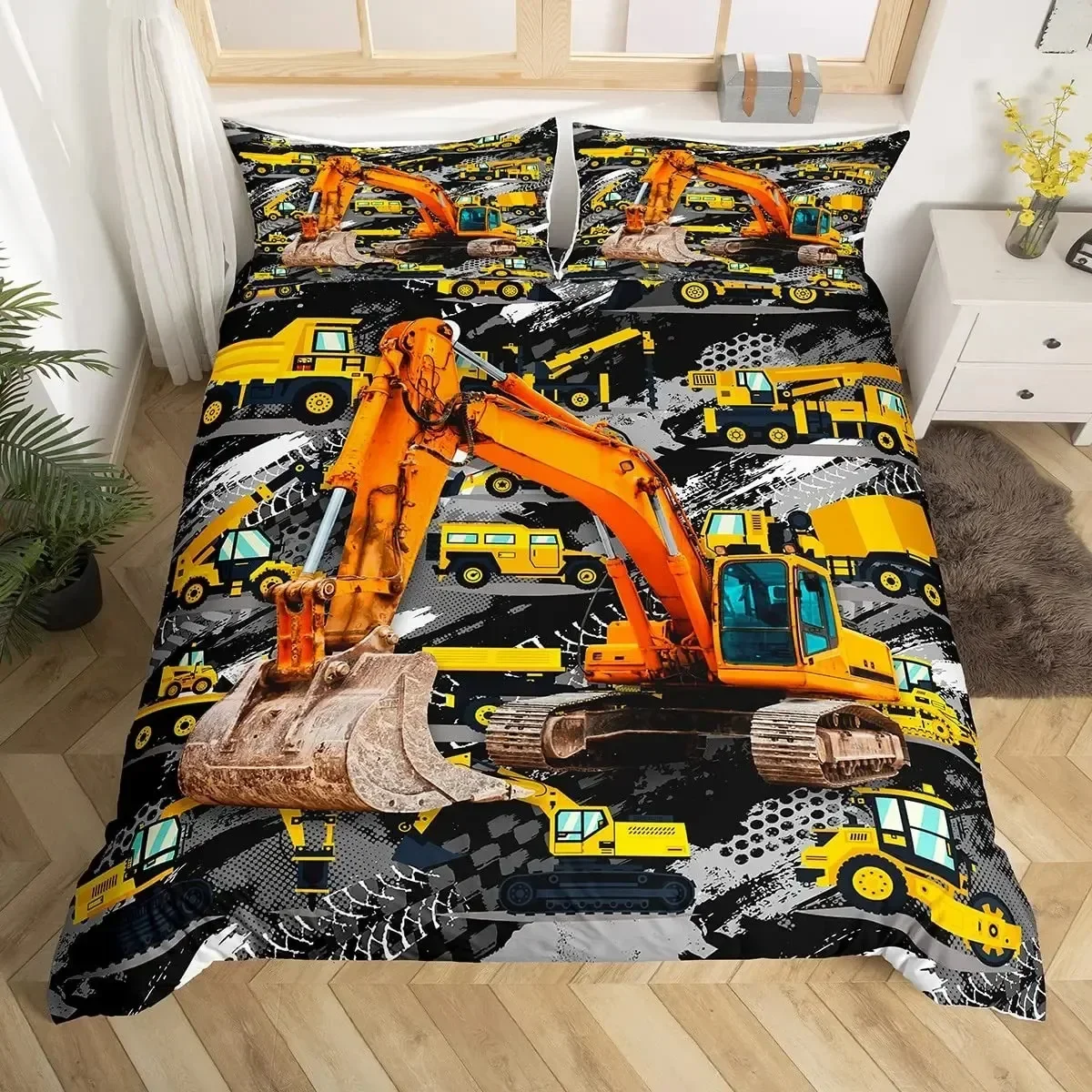 

Excavator Tractor Cartoon Machinery Bulldozer Trucks Comfortable Duvet Quilt Cover Pillowcase Bedding Set Children Home Textile