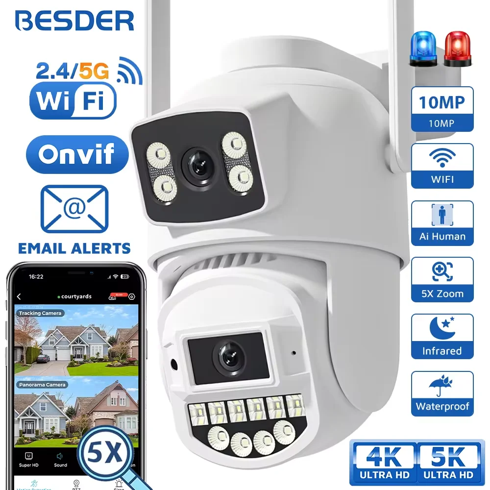 BESDER 8MP PTZ 5G HZ Wifi caméra extérieure suivi automatique double écran 5K 10MP CCTV sécurité IP caméra 5X Zoom numérique alarme e-mail