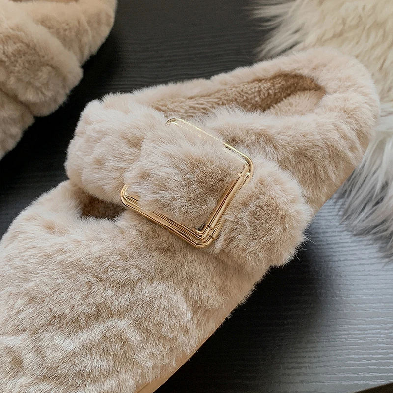 Modische Winter-Plüsch-Hausschuhe für Damen mit quadratischer Schnalle, rutschfester Plattform, warme Outdoor-Fell-Slides – Detail 4