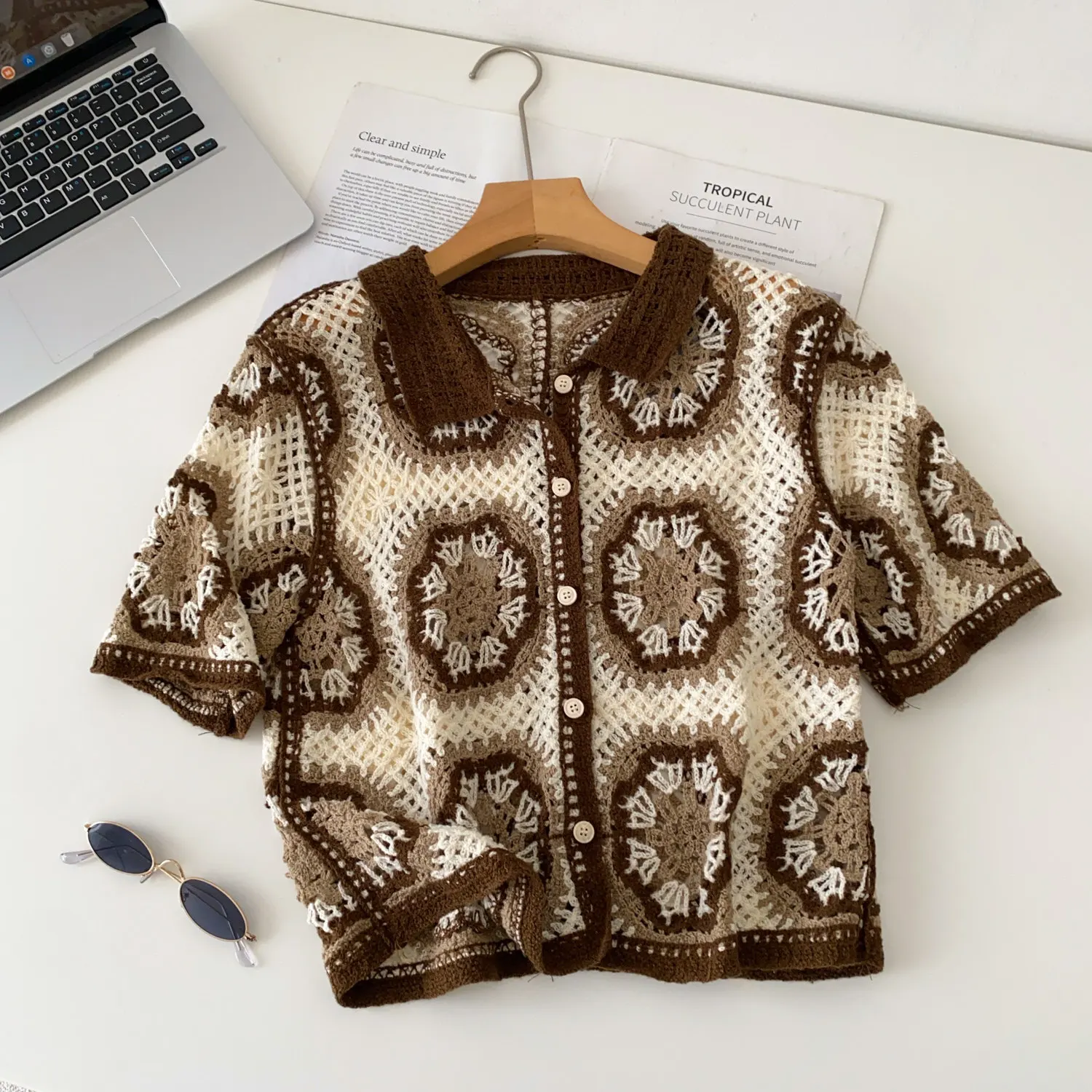 Short Sleeve Button Up Crochet Top Boho Chic Open Knitted Floral Lace Blouse Shirt for Women Summer Beach Cover-up Resort Wear