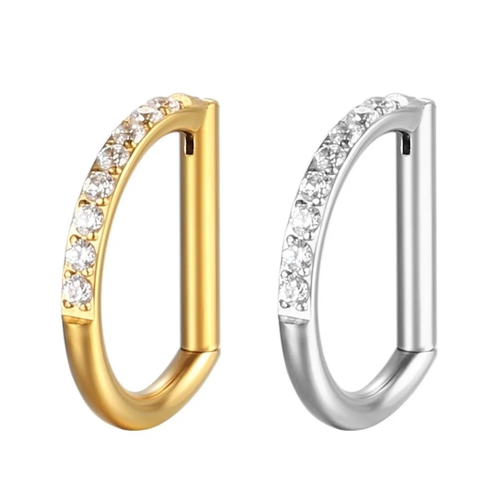 New F136 Titanium Nose Clicker Hoop 16G D Shape Hinged Closure Body Jewelry Silver Gold Conch Helix Earring Nose Piercing