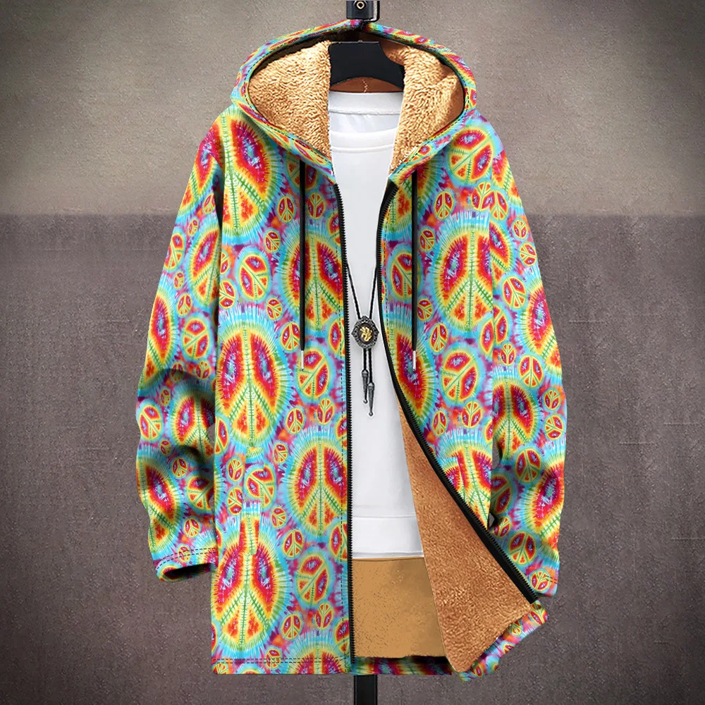 Youthful Retro tribal elements 3D Print Winter Long Sleeve Hoodies Zipper Jacket Men Fleece Long style Outerwear Warm Coats