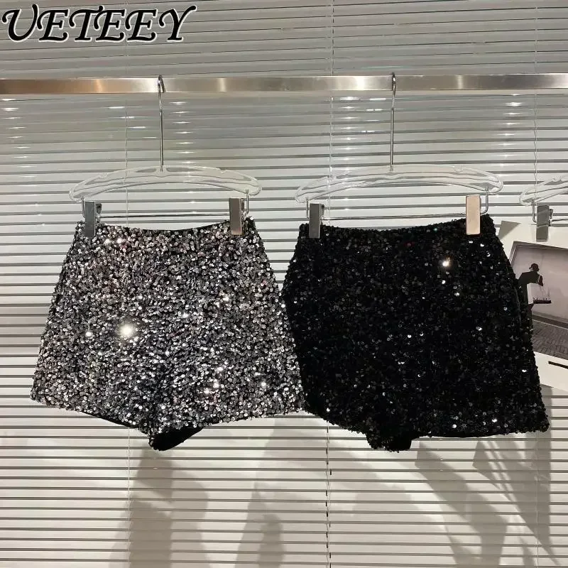 2025 New Summer Spring New Full Sequined Shiny Casual Shorts Heavy Zipper Nightclub Socialite Short Shorts Hot Pants for Women