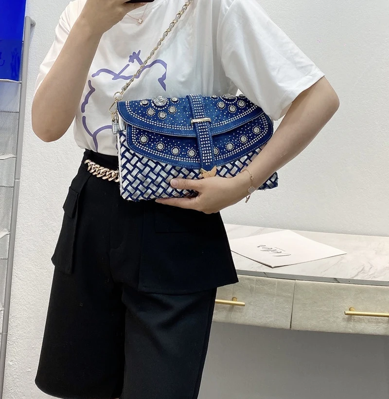 Diamond Small Luxury Purse And Handbags 2023 New Women Tote Bag Designer Rivet Jeans Bag Denim Shoulder Crossbody Clutch Sac