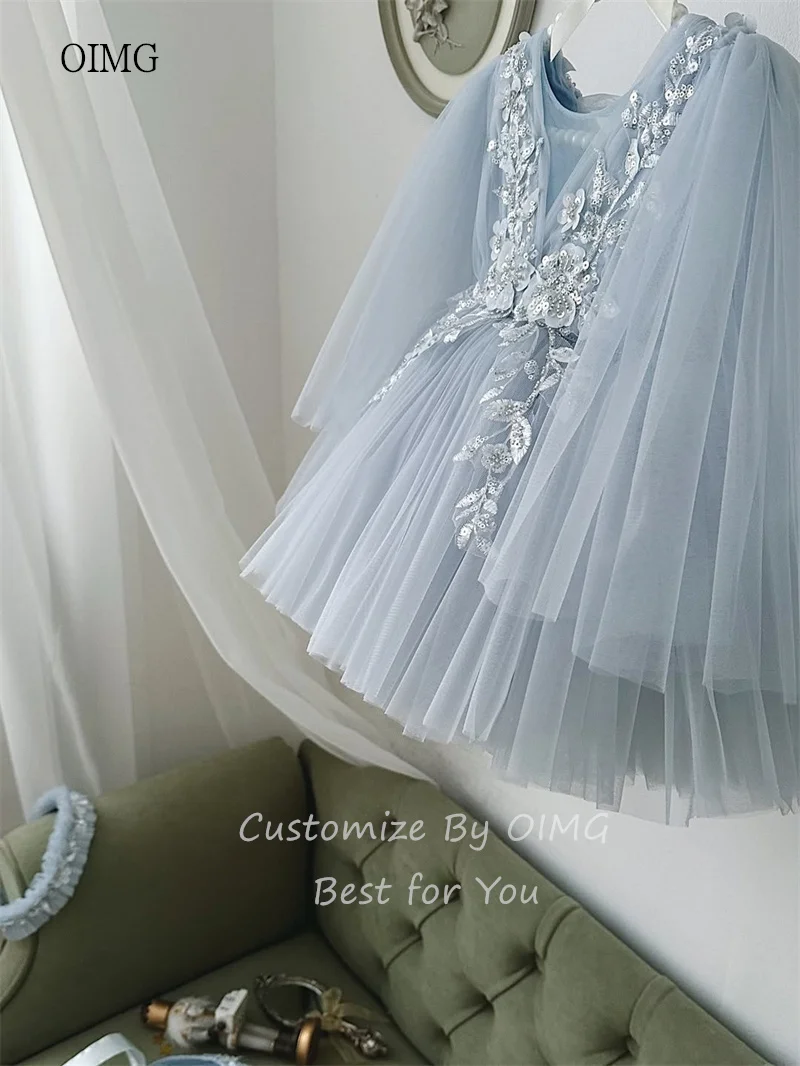 OIMG Sky Blue A-line Flower Girl Dresses 3D Flowers-detailed Mesh Wedding Party Gown Knee Length Birthday Dress niñas Customized