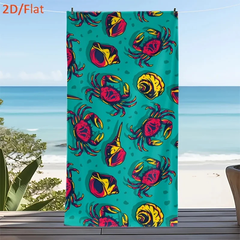 1pcs Teal Crab & Seashell Beach Towel, Soft Microfiber Quick Dry Oversized Bath Towel, Nautical Summer Pool Blanket