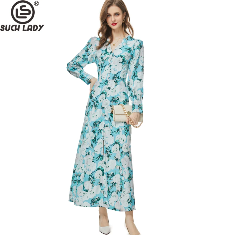 

Women's Runway Dresses Sexy V Neck Long Sleeves Floral Printed Single Breasted Split Fashion Casual Vestidos