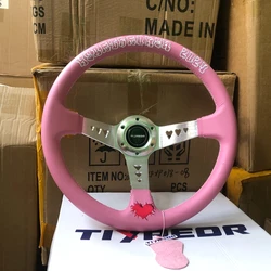 Drift Racing 14Inch Tiypeor Steering Wheel Deep Car Rally JDM MOMO Pink Leather Steering Wheel Volantes For VW HONDA TOYOTA BMW