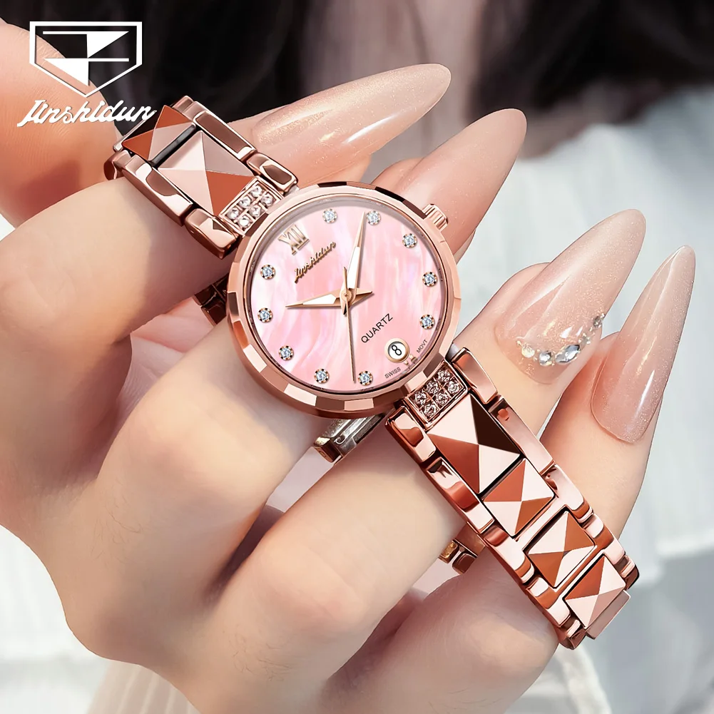 

JinShiDun 8988, оригинальные брендовые модные женские часы со швейцарским механизмом, водонепроницаемые кварцевые часы с датой для женщин, полоса из вольфрамовой стали