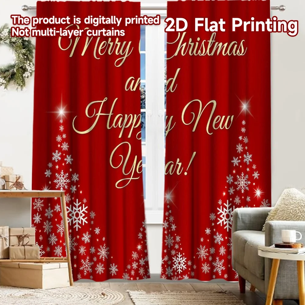 قطعتان من ستائر الطباعة المسطحة ثنائية الأبعاد (بدون قضيب) هتاف احتفالي (1) ستائر عطلة عيد الميلاد مع طباعة رقمية شبه شفافة