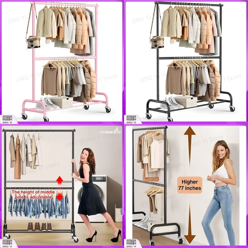 Floor to Ceiling Clothes Rack Double Layer Wheeled Garment Hanger with Storage Tube Bedroom Living Room Coat Stand Organizer