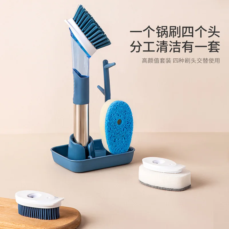 

New 2023 Multifunctional liquid adding pot brush, dishwasher brush, household kitchen oil free long handle cleaning brush set