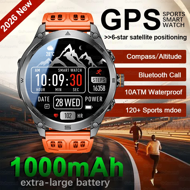 2026 New Military Smartwatch 1000Mah Battery Build-in GPS Compass 10ATM Waterproof Tactics Sport Flashlight Call Smart Watch Men