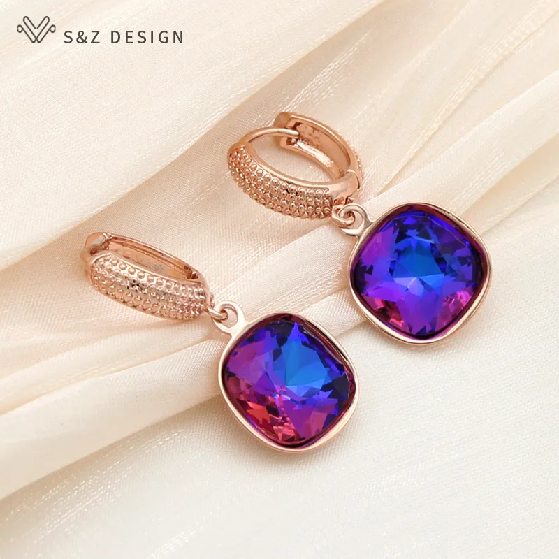 S&Z DESIGN New Fashion Colorful Square Crystal Dangle Earrings For Women Wedding Jewelry Gift 585 Rose Gold Color Eardrop