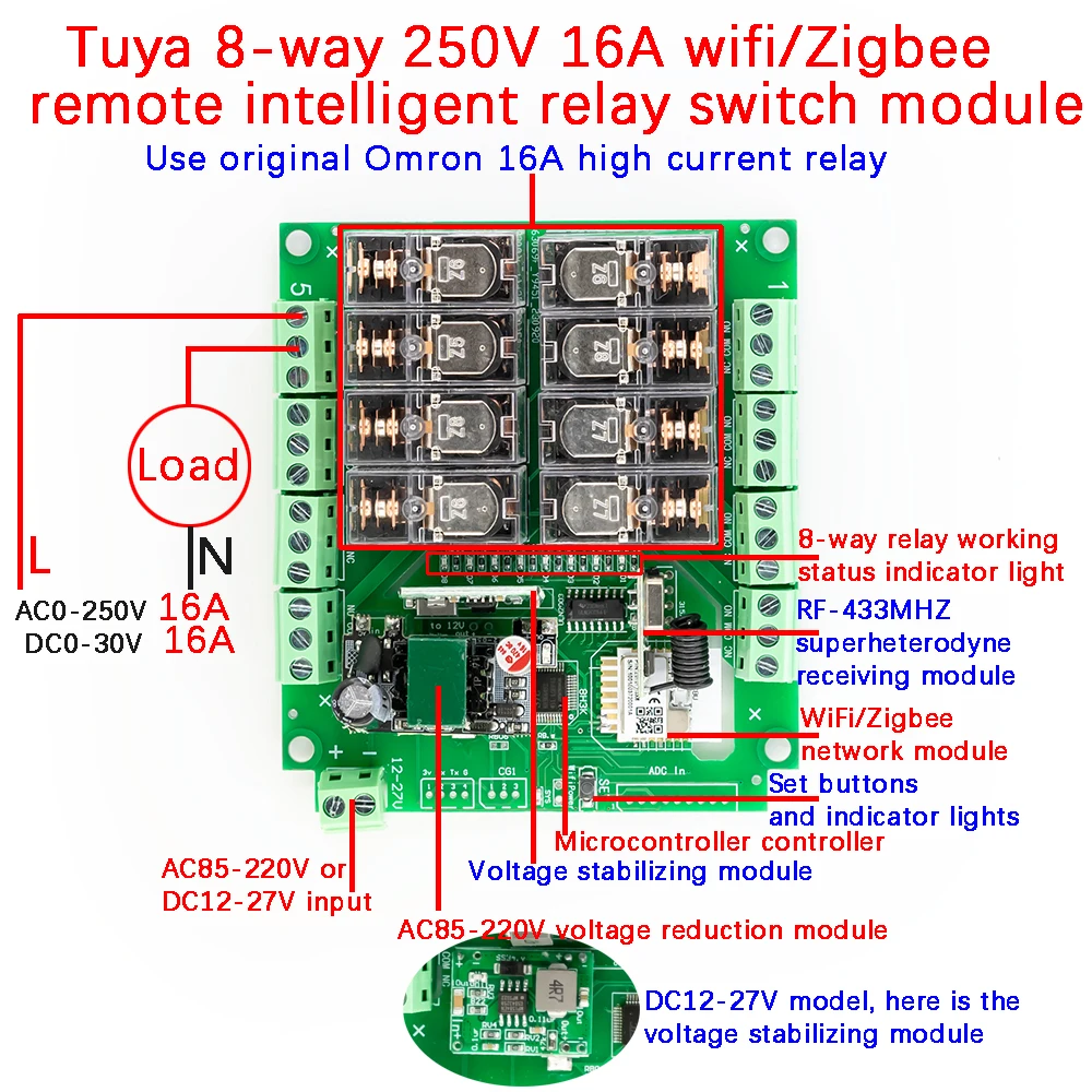 Tuya 8 Way 16A WiFi/Zigbee Remote Control Relay DC 12-27V AC 85-250V Inching Self-Locking Smart Home Switch Module with RF433MHZ