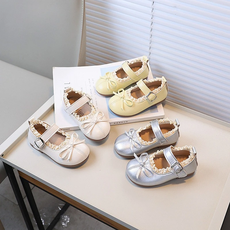 

Little Girls Flat Shoes Spring Autumn New Children's Leather Shoes Sweet Ruffled Edge Bowknot Kids Fashion Princess Ballet Shoes