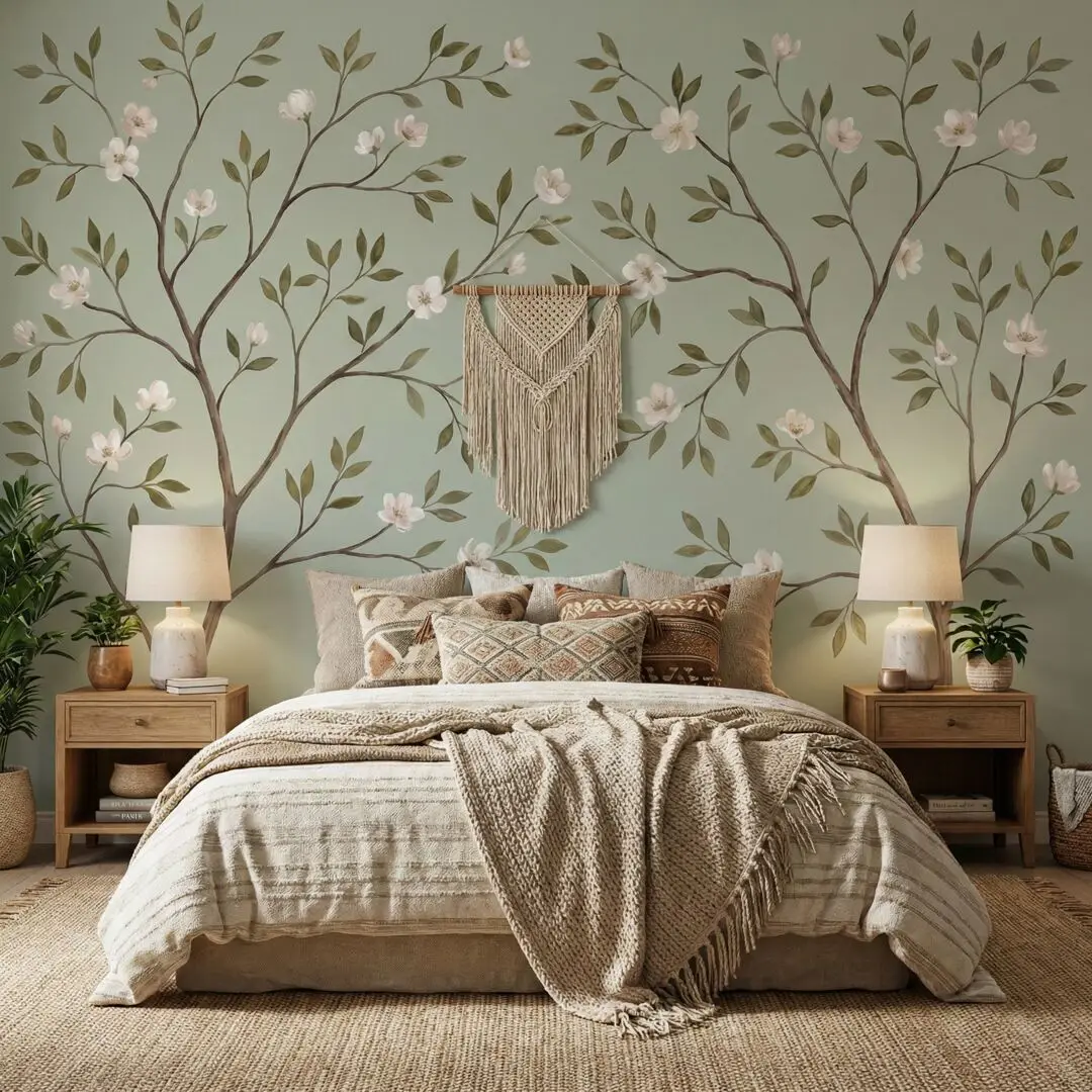 5+ Modern Sage Green Cherry Blossom Tree Wall Mural Wallpaper Inspired Floral Nature Walls Art Decor for Bedroom TV Living Room