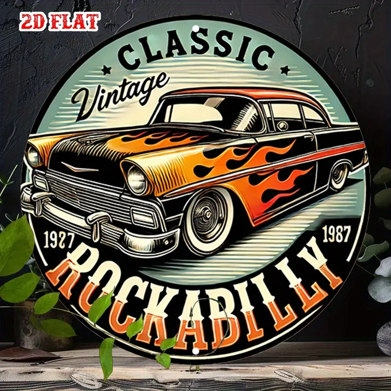 2D Flat 1pc Vintage Style 7.87X7.87 Round Aluminum Sign, Classic Cars Round Aluminum Sign, Rockabilly Flames Metal  Sign