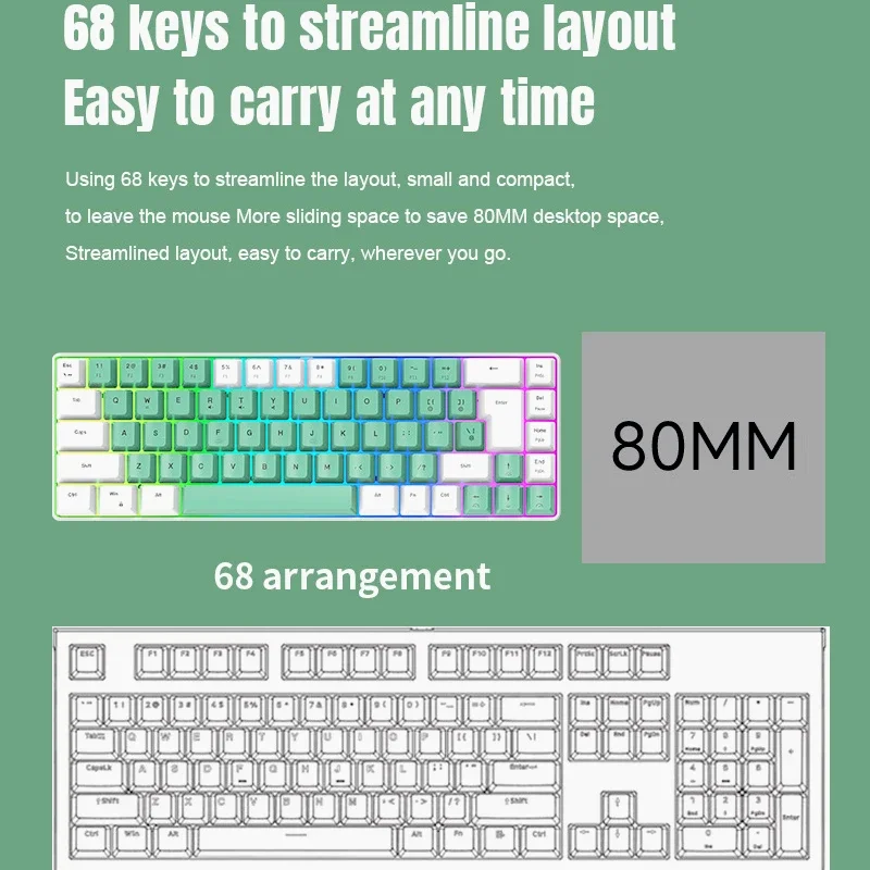 RGB keyboard 68 keys gaming pc mini keyboards computer wired computer usb key board  （White&Green）