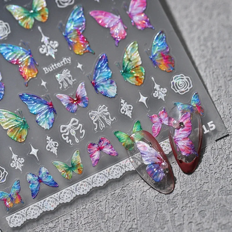 Colorful Dreamy Shiny Dressy Butterfly Bowknot Star Lace Rose 3D Self Adhesive Nail Art Sticker Pearl Rhinestone Manicure Decals