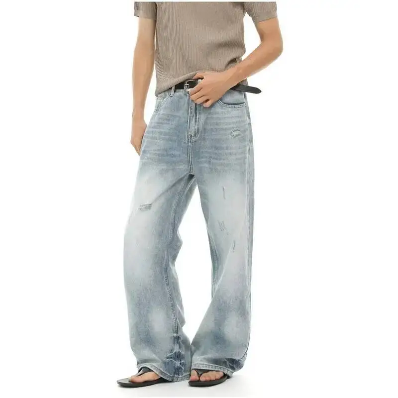 Korean Style Vibe Versatile Distressed Straight Wide Leg Men's Faded Jeans Summer Casual Daily Wear Denim Long Pants 70PN