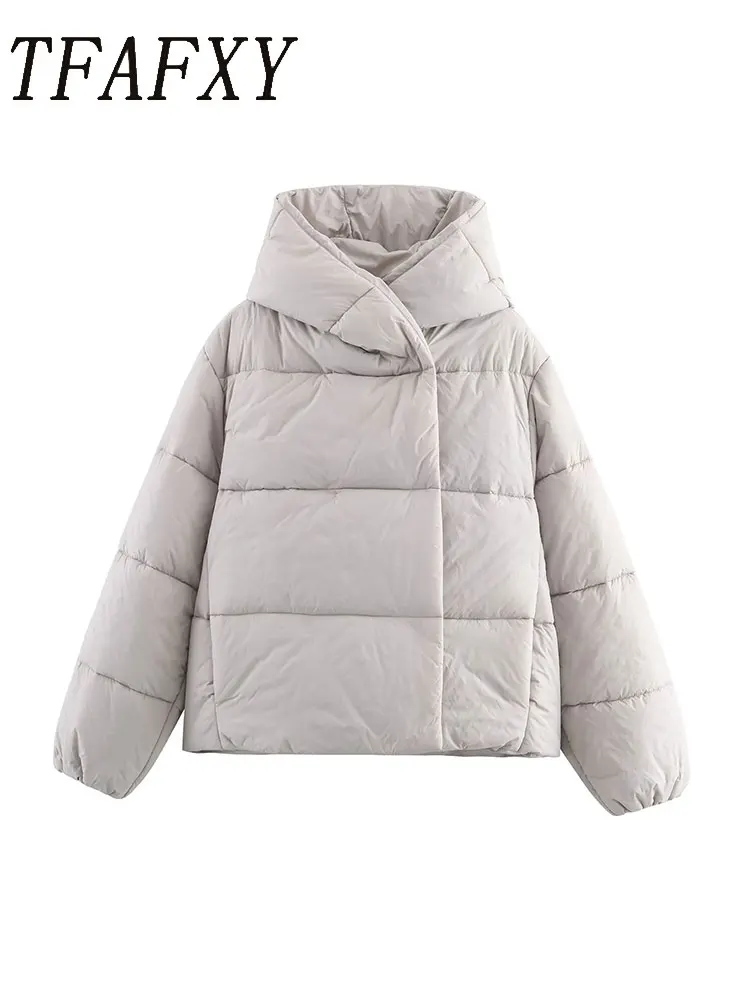 

TFAFXY теплое женское хлопковое стеганое пальто 2025, зимняя толстая свободная стеганая куртка с капюшоном и длинными рукавами, верхняя одежда, парки