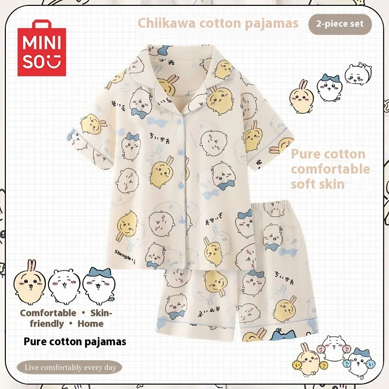 

Miniso Chiikawa, женская летняя одежда для сна из чистого хлопка с короткими рукавами, милый комплект для домашнего интерьера Usachi Xiaoba