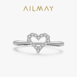 Ailmay Fine Romantic Hollowed Heart 925 Sterling Silver Clear Zircon Finger Ring For Women Wedding Engagement Statement Jewelry