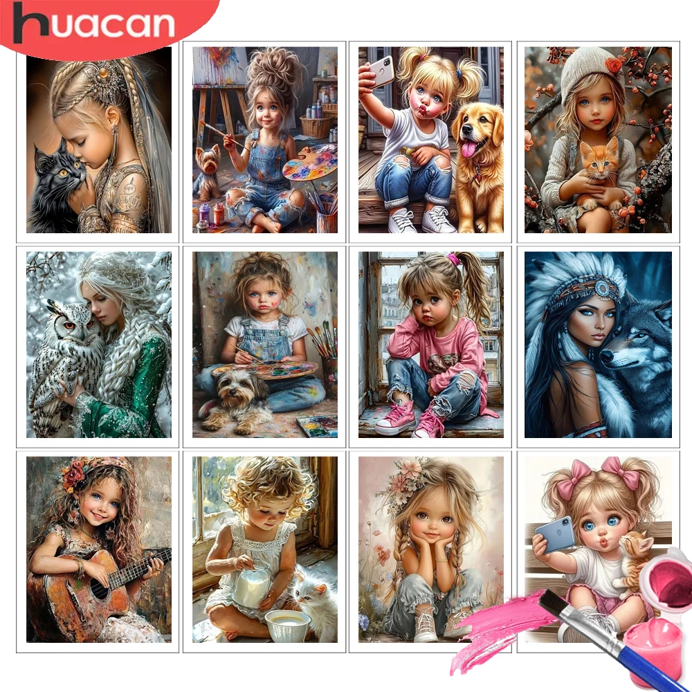 HUACAN Pintura por Números, Retrato de Niña, DIY, Dibujo en Lienzo, Pintura al Óleo de Perro, Arte y Manualidades, Pinturas Decorativas 5D DIY