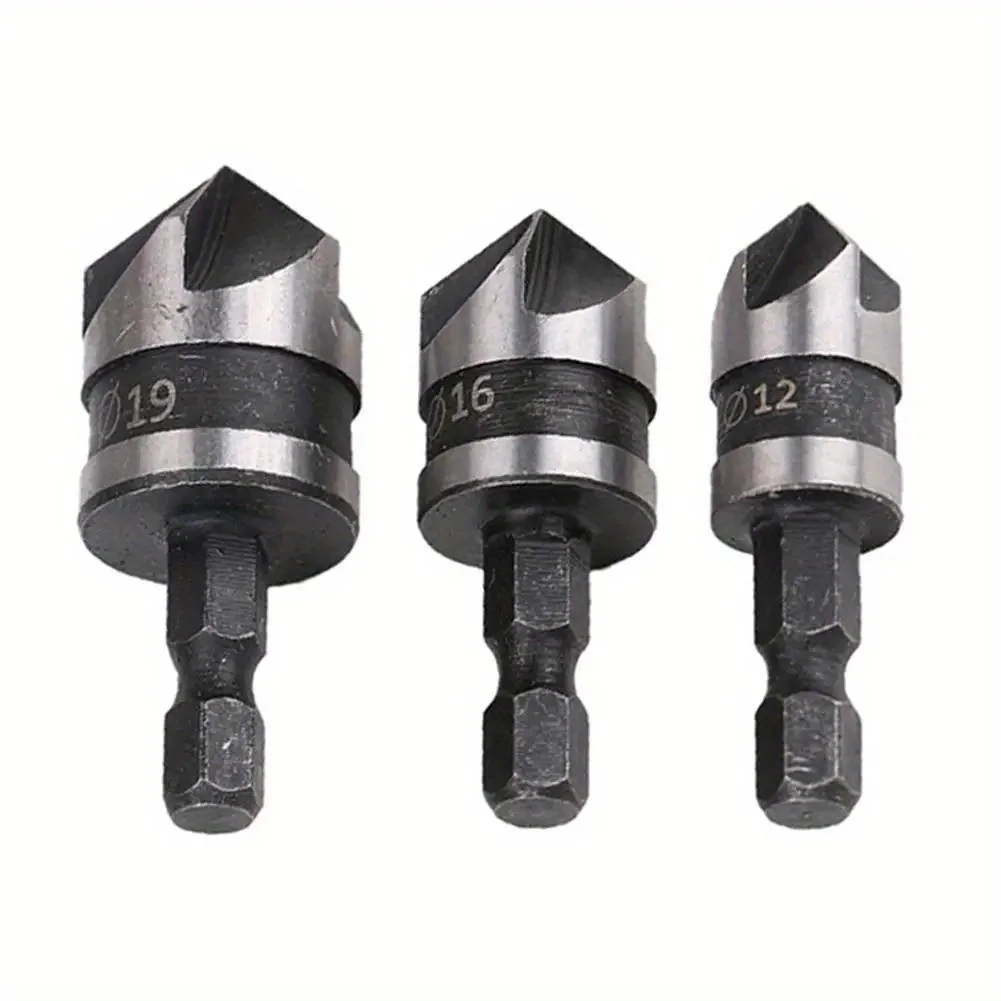

3PC Hexagonal Shank 90 Degree Black Five Blade Chamferer 12/16/19mm Countersink Drill Woodworking Hole Opener Tool Set