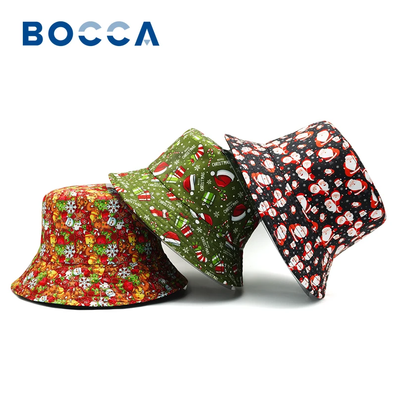 Bocca Cartoon Christmas Printing Bucket Hat Santa Claus Elk Deer Pattern Fisherman Hat Double Sides Panama Cap Outdoor New Style