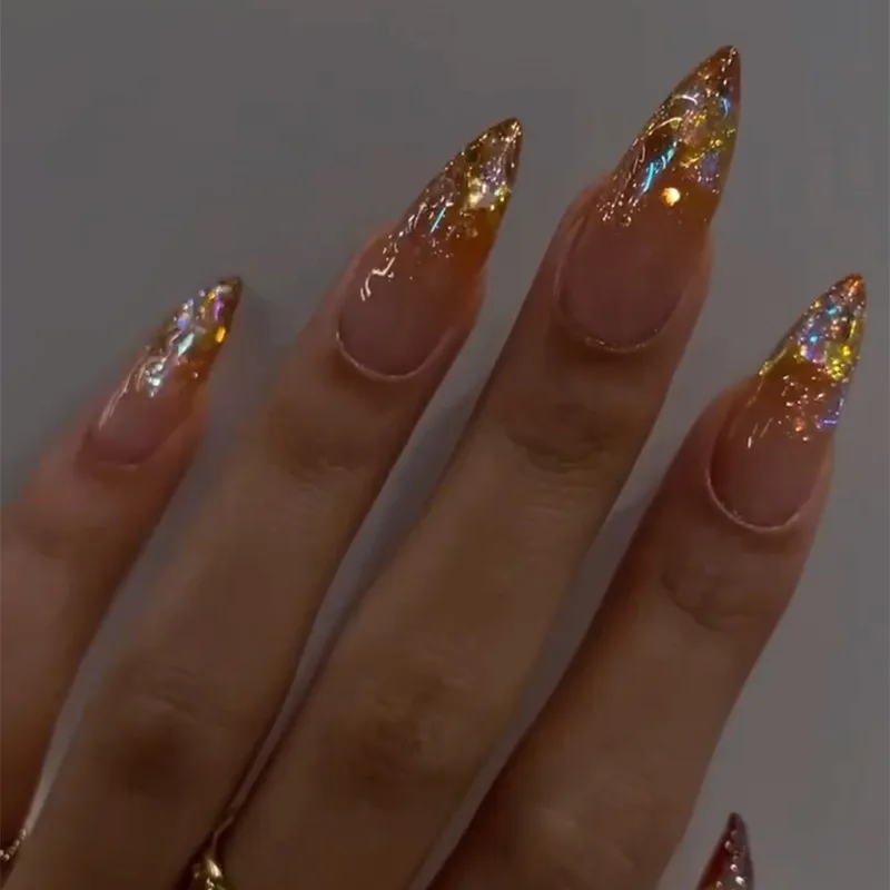 

24pcs French False Nails Gold Sparkling Pink Diamond Gradient Decorations for Press on Nails Nail Tips Paste Nails Set Self-nail