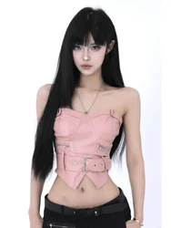 Y2k Aesthetic Off Shoulder Sexy PU Tube Slim Korean Fashion Sleeveless Cropped Tops Women Chain Zipper Patchwork Casual Tank Top