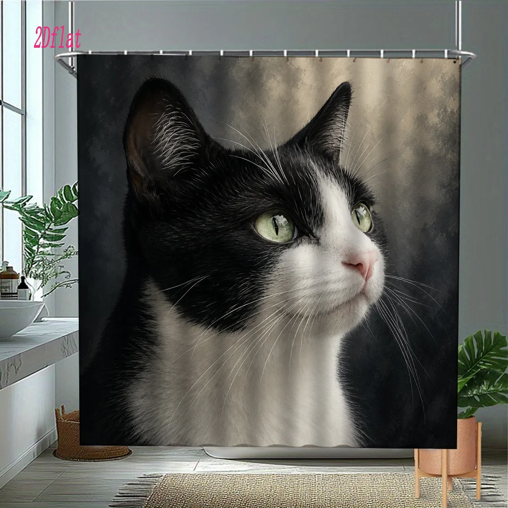 Cute Black and White Cat Portrait Shower Curtain Bathroom Decor Waterproof Pet Lover Gift Curtain Rod Pocket Blackout Curtains