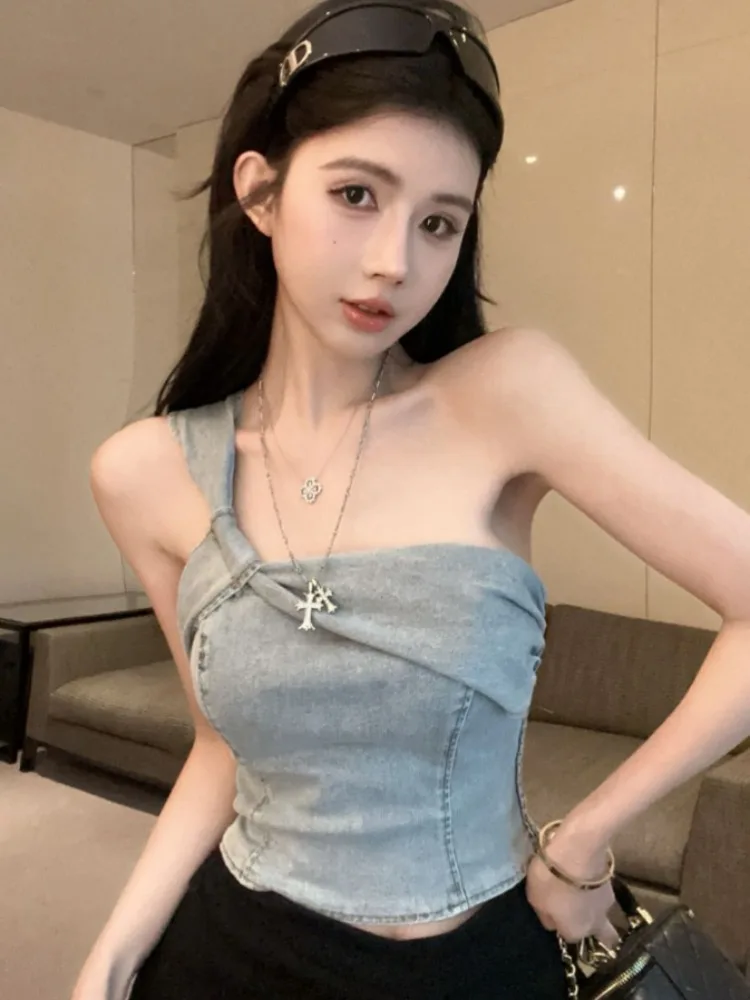 

Retro Style Spicy Girl Denim off Shoulder Tube Top Summer Fashionable Sexy American Style Single Shoulder Side Shirt