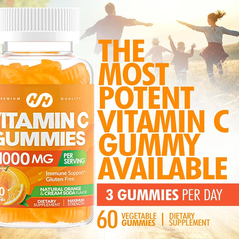 Adult and Child Vitamin C 1000mg Gummies Provide Immune and Collagen Support for The Skin, Orange Flavored 60 Gummies
