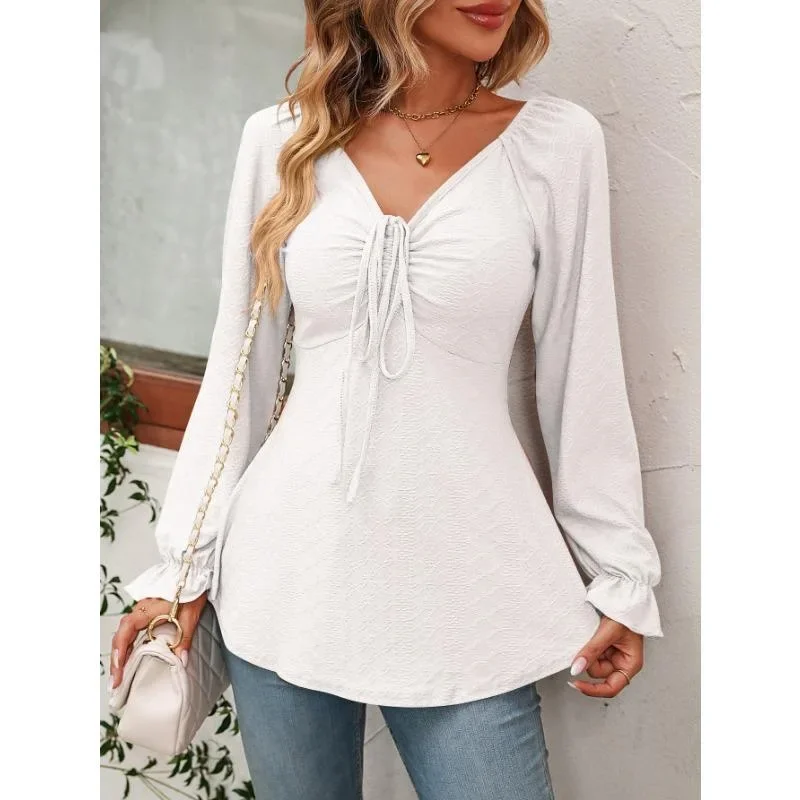 Fashion A Line Women Blouse Sexy V-Neck Drawstring Waist Long Sleeve T-Shirt Lady Elegant Spring Autumn Tops