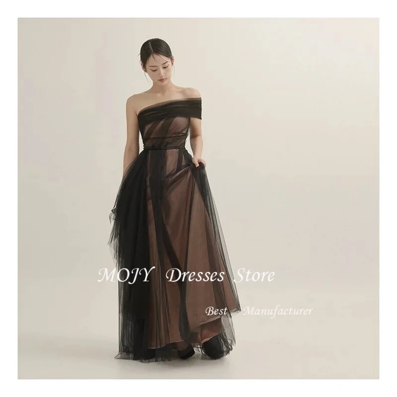 

Mojy Customized Simple Black Beach Korea Lady Prom Dresses Tulle One Shoulder Floor Length Formal Evening Dress 빅사이즈 파