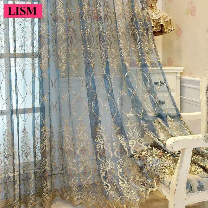 Nordic Curtains For Living Room Bedroom Luxury Embroidery Tulle Cheap Sheer Voile Fabric Golden Lace Window Blackout Decor Sale