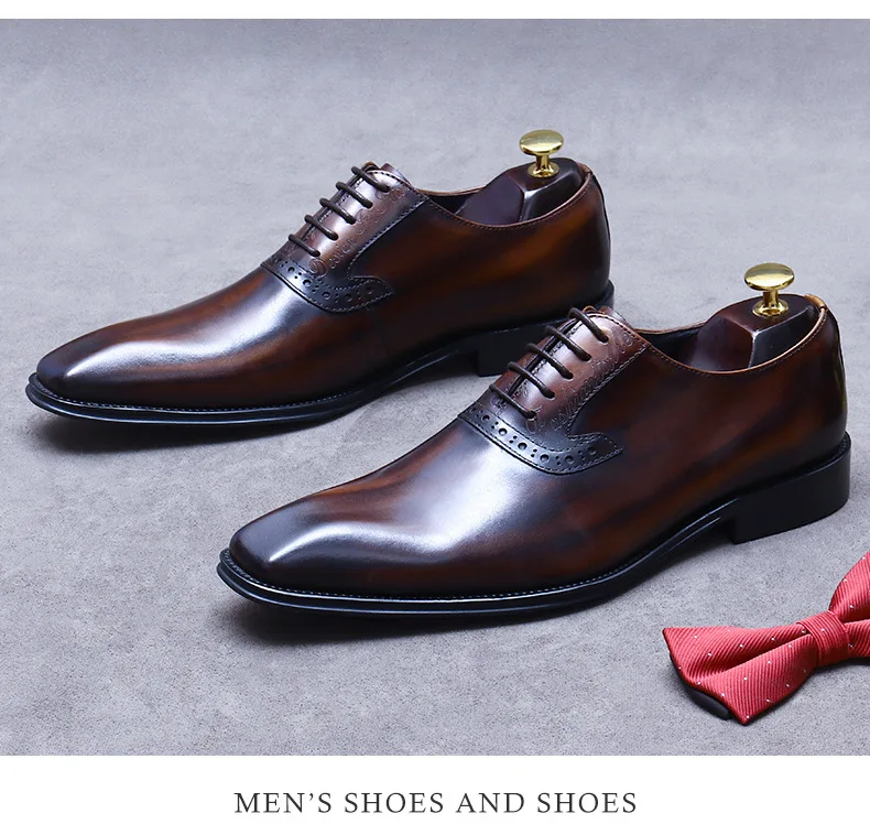 

Мужские туфли-оксфорды с квадратным носком из натуральной кожи, градиентные лакированные, на шнуровке, для делового стиля, мужская обувь