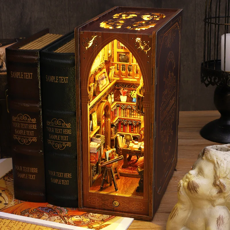 Fai da te Libro in legno Nook Scaffale Inserto Casa Kit casa in miniatura Biblioteca Scaffale Camera Casa delle bambole Fermalibri Puzzle Giocattoli Adulti Regalo di Natale