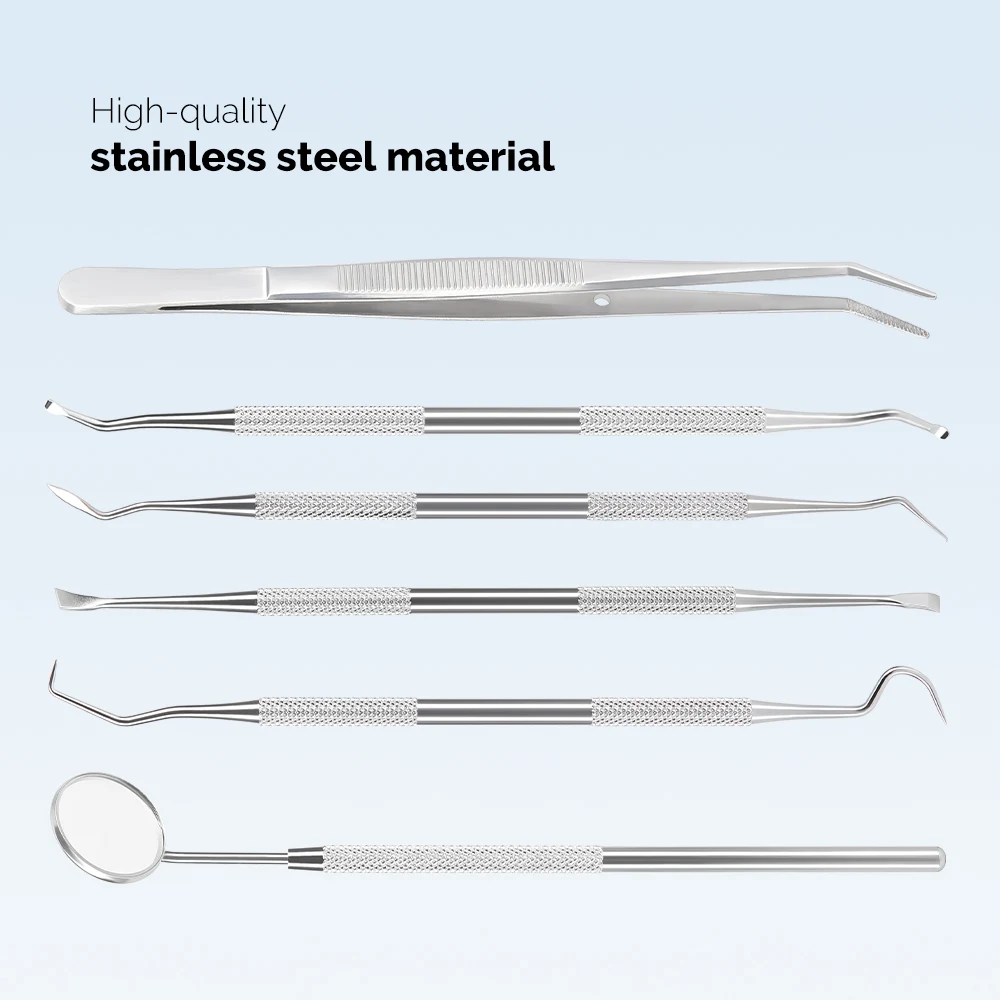 AZDENT 6PCS/Kit Dental Cleaning Tools Set Mouth Mirror Stainless Steel Tweezers Elbow Probe Triangle Shovel Dentistry Instrument