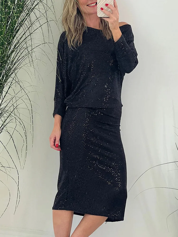 

Loungewear Skew Collar Holiday Dress, Women Spring Autumn Three Quarter Sleeve Party Dress, 2024 Sequins Solid Ladies Maxi Dress